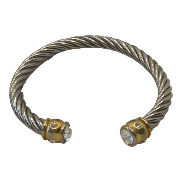 Retro Silver Rope Style Cuff Bracelet with Gold Bar on each end with rhinestones - Picture 7 of 7